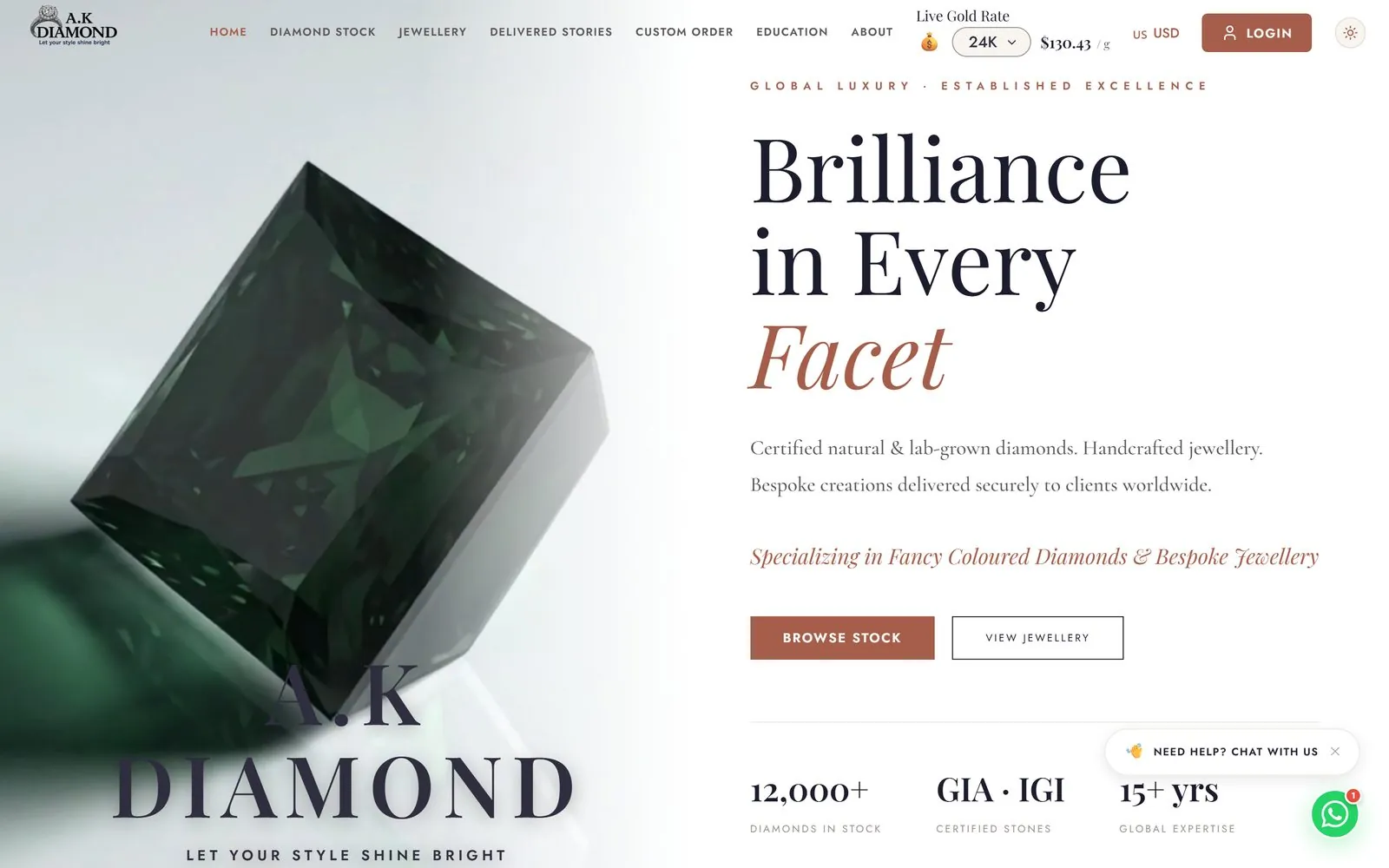 The akdiamondlux.com homepage, showing live gold rates and multi-currency pricing